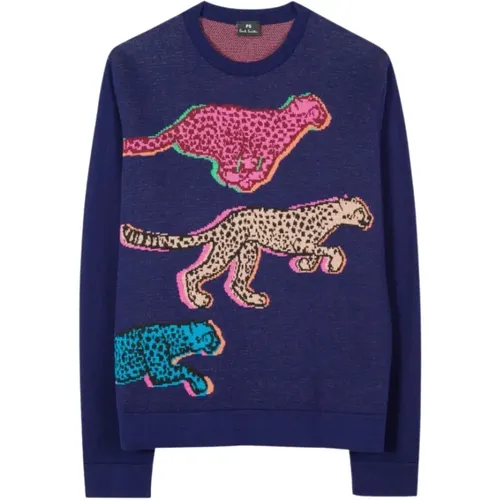 Blauer Cheetah Jacquard Pullover , Damen, Größe: L - PS By Paul Smith - Modalova