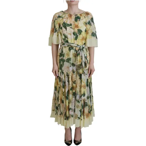 Gelbes Blumiges Seiden Plissiertes Maxikleid - Dolce & Gabbana - Modalova