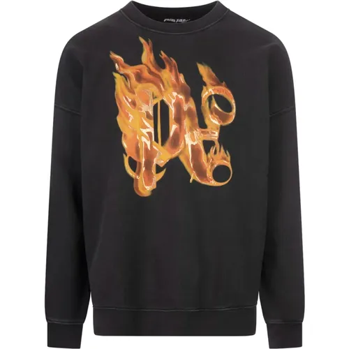 Flaming Monogram Crew-neck Sweatshirt Grey , male, Sizes: M, S, L, XL - Palm Angels - Modalova