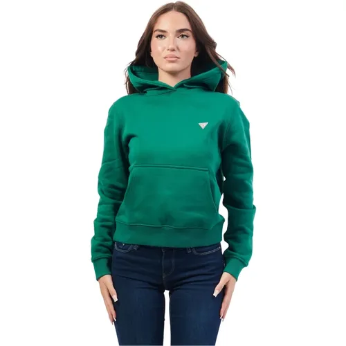 Grüner Kapuzenpullover mit rotem Dreieckslogo , Damen, Größe: S - Guess - Modalova