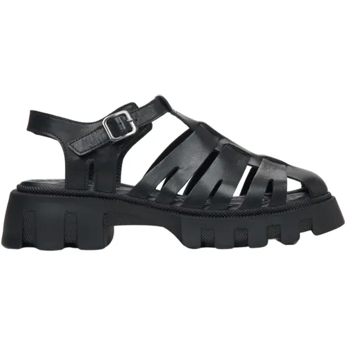 Schwarze Leder Sandalen für Damen mit einer Abgedeckten Zehenlinie auf einer Plattform , Damen, Größe: 37 EU - Estro - Modalova