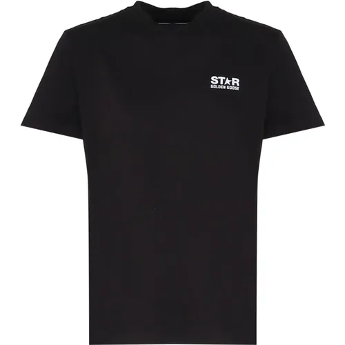 Schwarzes Baumwoll-T-Shirt mit Frontdruck , Damen, Größe: L - Golden Goose - Modalova