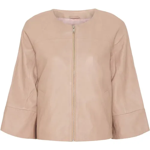 Cremefarbene Crop Lederjacke , Damen, Größe: M - BTFCPH - Modalova