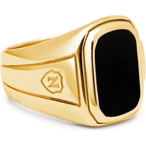 Men's Oblong Gold Plated Signet Ring with Onyx , male, Sizes: 60 MM, 56 MM, 64 MM, 58 MM, 62 MM - Nialaya - Modalova