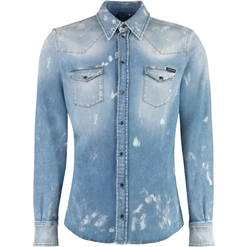 Denim Hemd mit Farbspritzer-Druck , Herren, Größe: L - Dolce & Gabbana - Modalova