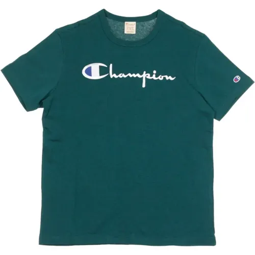 Crewneck Teal T-Shirt for Men , male, Sizes: L, XL - Champion - Modalova