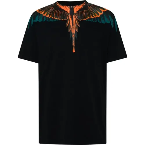 Schwarzes Baumwoll-T-Shirt mit orangem Ali-Druck , Herren, Größe: M - Marcelo Burlon - Modalova