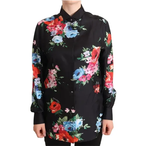 Schwarze Blumenmuster Seiden-Polo-Bluse - Dolce & Gabbana - Modalova