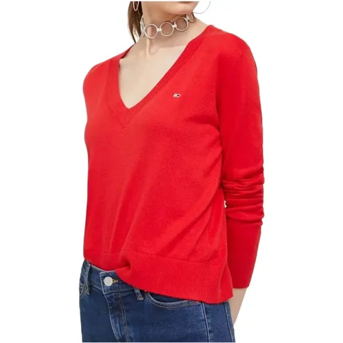 Roter Pullover mit Kleinem Logo , Damen, Größe: M - Tommy Jeans - Modalova