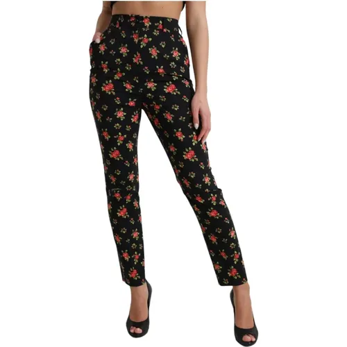 Schwarze Blumige High-Waist-Tapered-Hose , Damen, Größe: XS - Dolce & Gabbana - Modalova