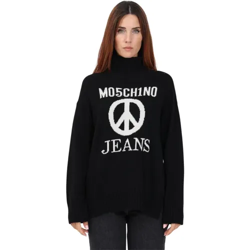 Schwarzer Rollkragenpullover mit Friedenssymbol , Damen, Größe: M - Moschino - Modalova