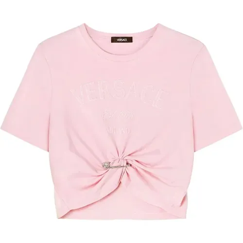 Logo Besticktes Cropped T-Shirt , Damen, Größe: 2XS - Versace - Modalova