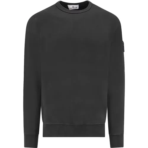 Schwarzer Sweatshirt mit geripptem Rundhalsausschnitt , Herren, Größe: L - Stone Island - Modalova