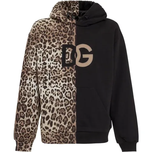 Leopard-print Spliced Hoodie with DG Logo , male, Sizes: L - Dolce & Gabbana - Modalova