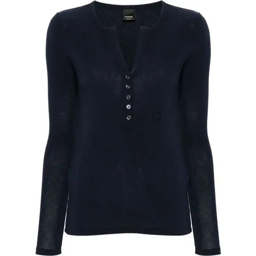 Blauer Pullover mit V-Ausschnitt und Knopfleiste , Damen, Größe: XS - pinko - Modalova