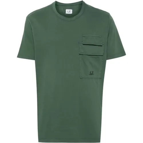 Dunkelgrünes Baumwoll T-Shirt mit Logo-Print , Herren, Größe: M - C.P. Company - Modalova