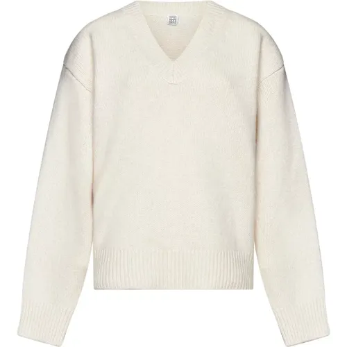 Ivory Woll-Kaschmir V-Ausschnitt Pullover , Damen, Größe: M - TotêMe - Modalova