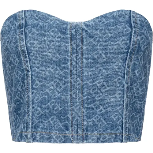 Denim bustier top with logo , female, Sizes: XS, S - pinko - Modalova