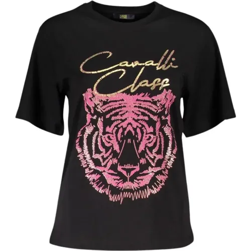 Elegantes schwarzes T-Shirt mit Signature-Print , Damen, Größe: L - Cavalli Class - Modalova