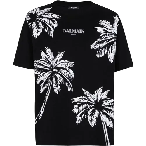 Schwarzes Baumwoll-Jersey-Logo-Print-T-Shirt,Vintage T-Shirt mit Palmenprint,Schwarzes Logo T-Shirt und Polo - Balmain - Modalova