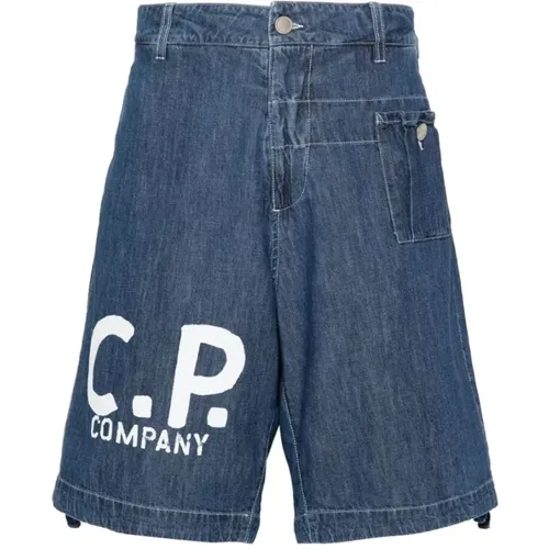 Blaue Denim-Logo-Print-Shorts mit Kordelzug , Herren, Größe: L - C.P. Company - Modalova