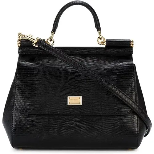Schwarze 'Sicily' Geprägte Eidechsenhandtasche,Schwarze Taschen für stilvolle Fashionistas - Dolce & Gabbana - Modalova