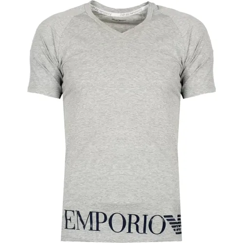 Figurbetontes V-Ausschnitt T-Shirt mit Markendruck , Herren, Größe: XL - Emporio Armani - Modalova