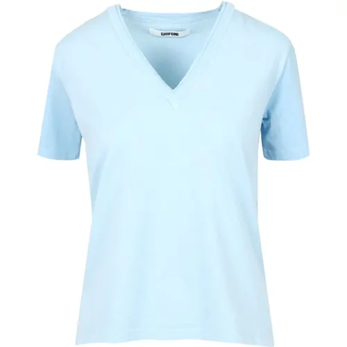 Hellblaues V-Ausschnitt Baumwoll-T-Shirt , Damen, Größe: M - Mauro Grifoni - Modalova
