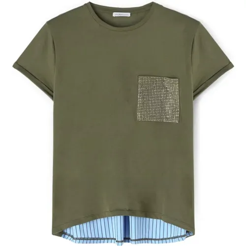 Gestreiftes T-Shirt mit Strass-Tasche , Damen, Größe: L - Motivi - Modalova