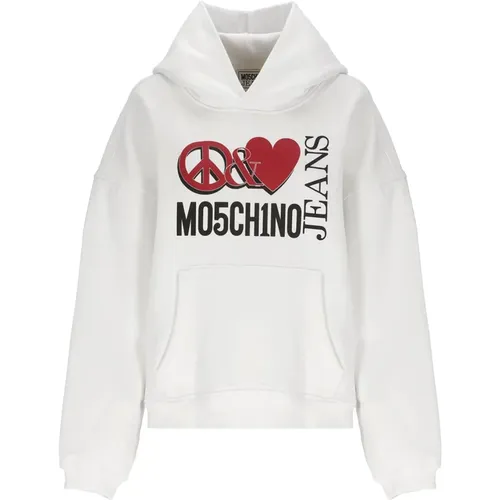 Weiße Baumwollhoodie mit Peace Love Logo , Damen, Größe: M - Moschino - Modalova