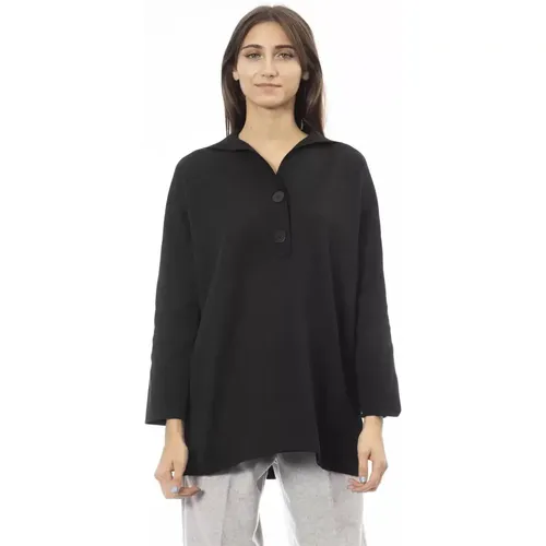 Schwarzer Pullover mit langen Ärmeln und Knopfverschluss , Damen, Größe: S - Alpha Studio - Modalova