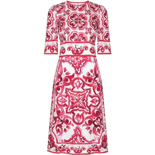 Majolica-print Silk Midi Dress , female, Sizes: XS, S - Dolce & Gabbana - Modalova