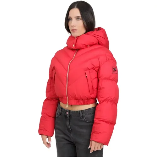 Rote Cropped Daunenjacke mit Abnehmbarer Kapuze , Damen, Größe: M - Elisabetta Franchi - Modalova