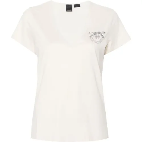 Weißes Love Birds V-Ausschnitt T-Shirt , Damen, Größe: XS - pinko - Modalova