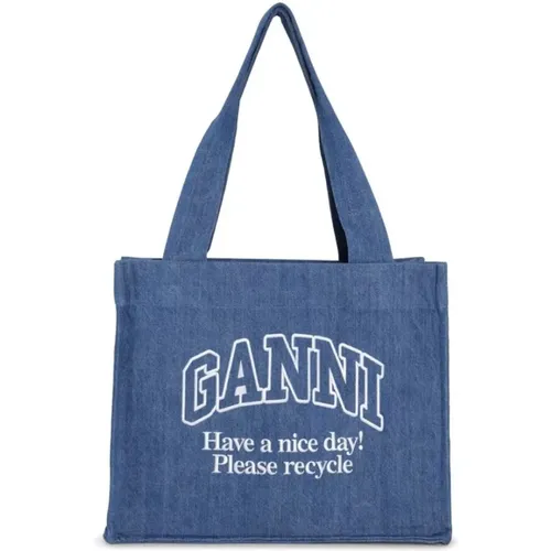 Indigo Blaue Baumwoll-Denim Tasche mit Besticktem Logo und Slogan , Damen, Größe: ONE Size - Ganni - Modalova