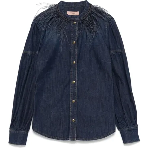 Denim Shirt with Feather Detailing , female, Sizes: XS - Twinset - Modalova