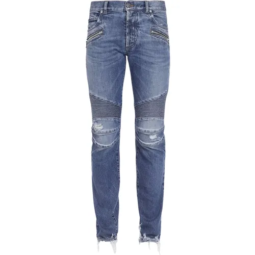 Ripped Blaue Baumwoll Tapered Jeans , Herren, Größe: W31 - Balmain - Modalova