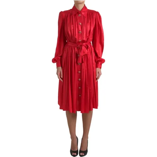 Rotes Seidenknopf Midi Kleid - Dolce & Gabbana - Modalova