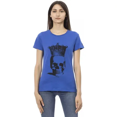 Blaues Baumwoll-T-Shirt mit Kurzen Ärmeln und Frontdruck , Damen, Größe: 2XL - Trussardi - Modalova