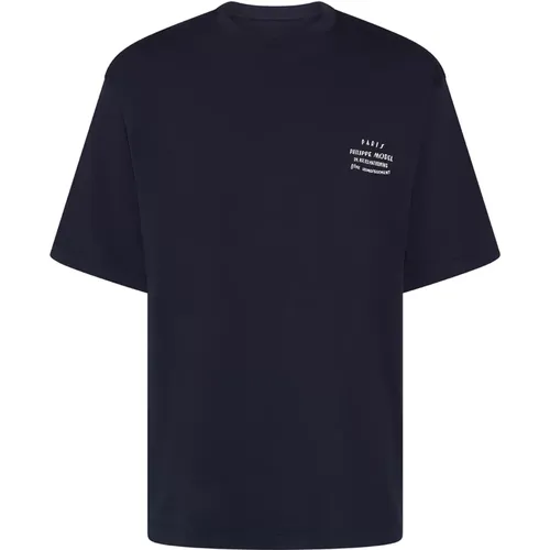 Herren T-Shirt aus reiner Baumwolle mit kontrastierender Stickerei , Herren, Größe: L - Philippe Model - Modalova