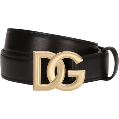 Schwarzer Ledergürtel mit Goldener Logo-Schnalle , Damen, Größe: 75 CM - Dolce & Gabbana - Modalova