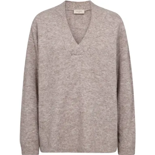 Taupe V-Ausschnitt Strickpullover , Damen, Größe: L - FREEQUENT - Modalova