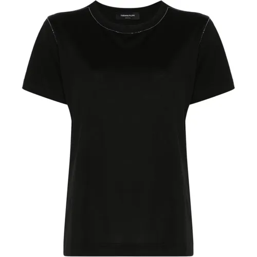 Schwarzes Perlenbesetztes Crew Neck T-Shirt , Damen, Größe: 2XS - Fabiana Filippi - Modalova