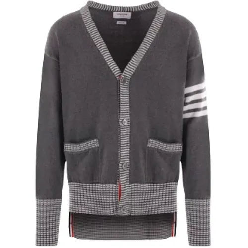 Grey and White Cotton Knit Cardigan with Hector Intarsia , male, Sizes: XL - Thom Browne - Modalova