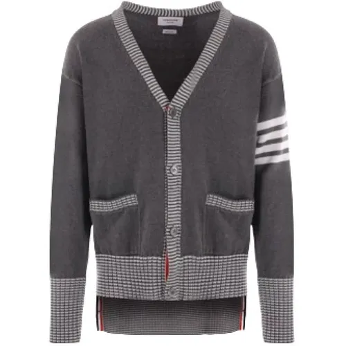 Grey and White Cotton Knit Cardigan with Hector Intarsia , male, Sizes: XL, M, L - Thom Browne - Modalova