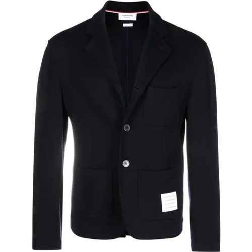 Navy Wool Knit Jacket with Classic Lapel and Button Closure , male, Sizes: L - Thom Browne - Modalova