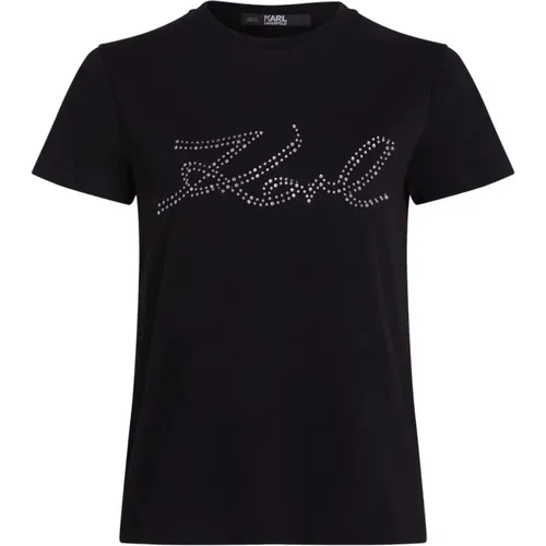 Schwarzes Logo Strass T-Shirt , Damen, Größe: M - Karl Lagerfeld - Modalova