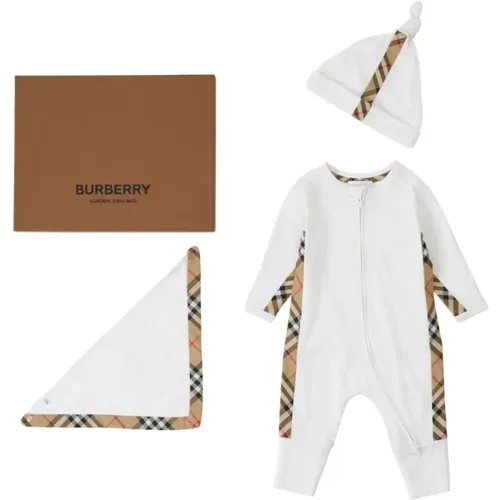 Weißer Jumpsuit, Hut und Bandana-Lätzchen mit Check-Details - Burberry - Modalova
