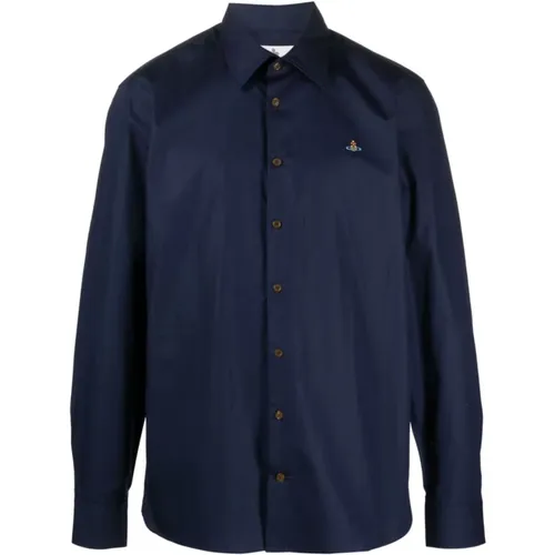 Blaues Baumwollhemd mit Signature Orb Logo Stickerei , Herren, Größe: XL - Vivienne Westwood - Modalova