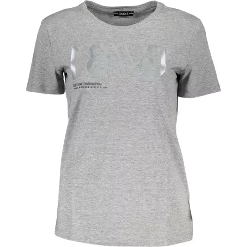 Schickes Graues Logo-T-Shirt mit Weitem Ausschnitt , Damen, Größe: XS - Guess - Modalova